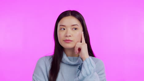 Thinking,-face-and-woman-in-studio-with-questions