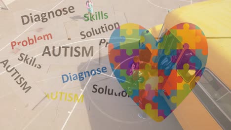 animation of autism awareness text and heart formed with puzzles over school children getting on bus