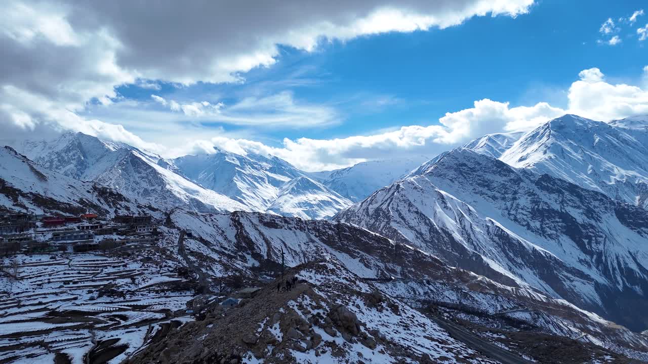 Snow-capped Mountains and Village Landscape