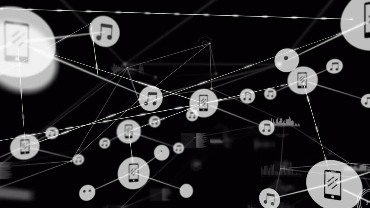 검은색 바탕에 데이터베이스와 함께 선과 그래프로 연결된 아이콘과 점의 애니메이션