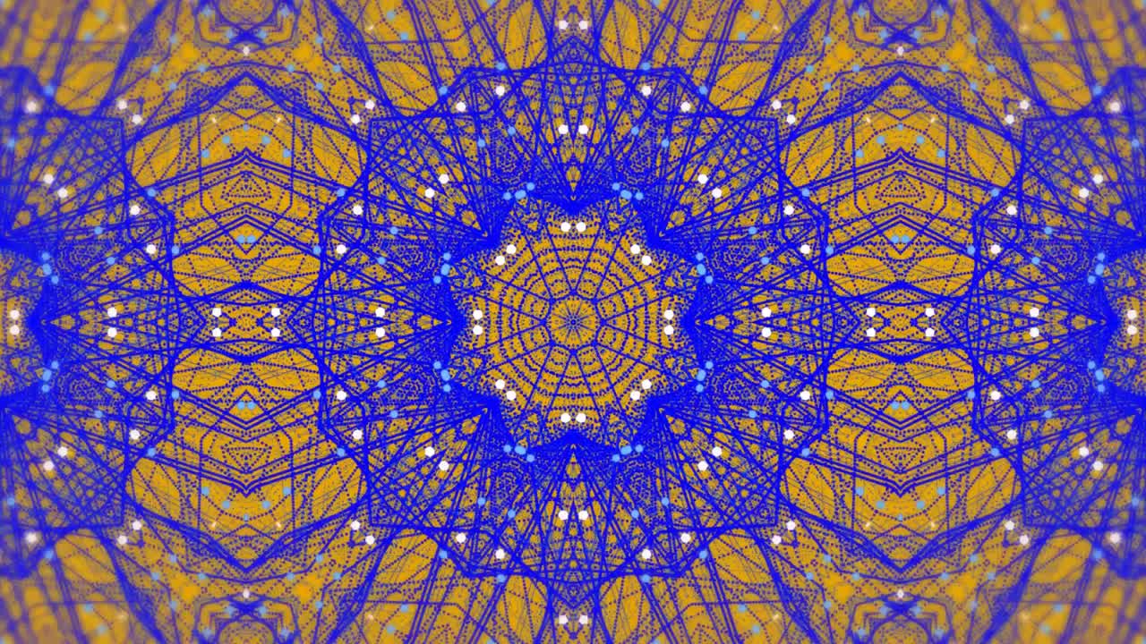 animación digital de formas caleidoscópicas púrpuras que se mueven en movimiento hipnótico contra un fondo amarillo