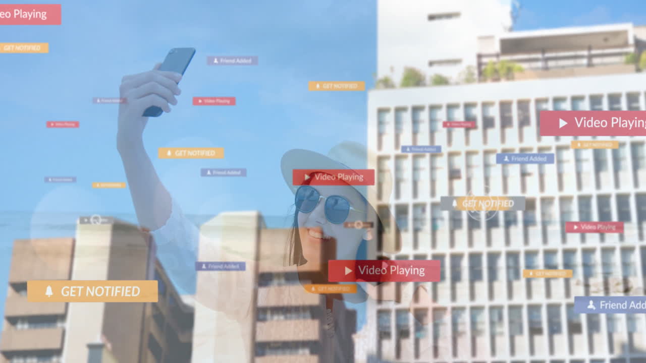 Using smartphones with animation of digital notifications and video icons overlay