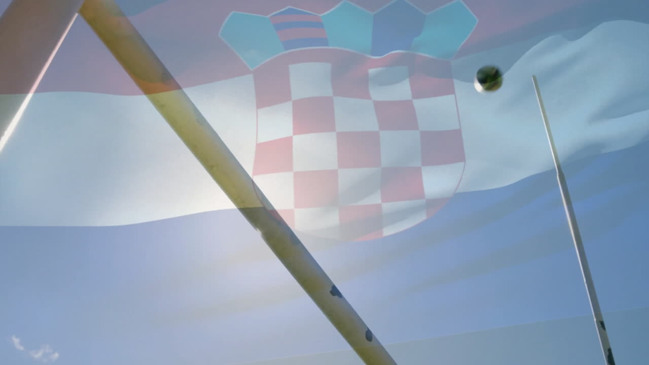 Croatian flag waving with rugby ball animation over blue sky background