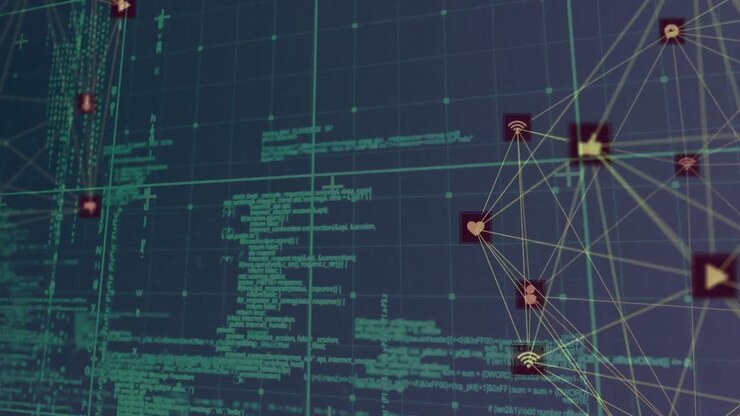 Animation of data processing, network of connections with icons globe and grid