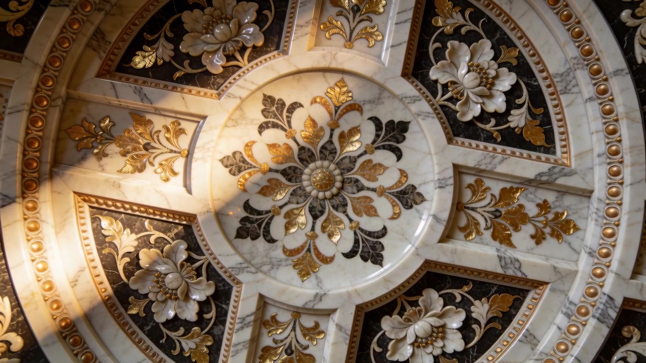 Luce che si sposta attraverso un medaglione ornamentale sul soffitto in una grande sala, rivelando dettagli in foglia d'oro.