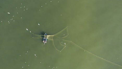 aerial: fishermans casting nets in the green baltic sea with gulls flying around searching for a fish