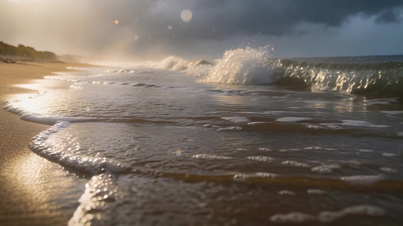 Ankommende Dünung schiebt die Brandung entlang der sandigen Küstenlinie vorwärts, Sonnenlicht glitzert auf nassem Sand und Schaum.