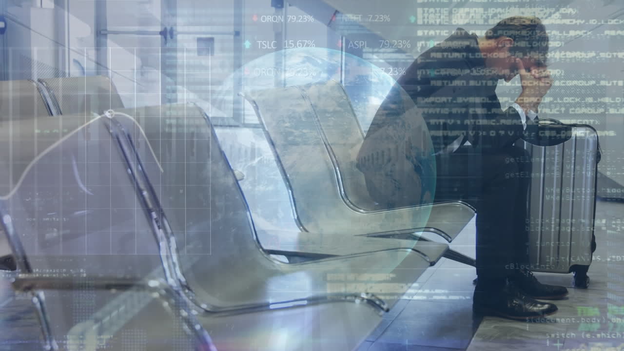 animación de procesamiento de datos y globo sobre empresario caucásico en el aeropuerto