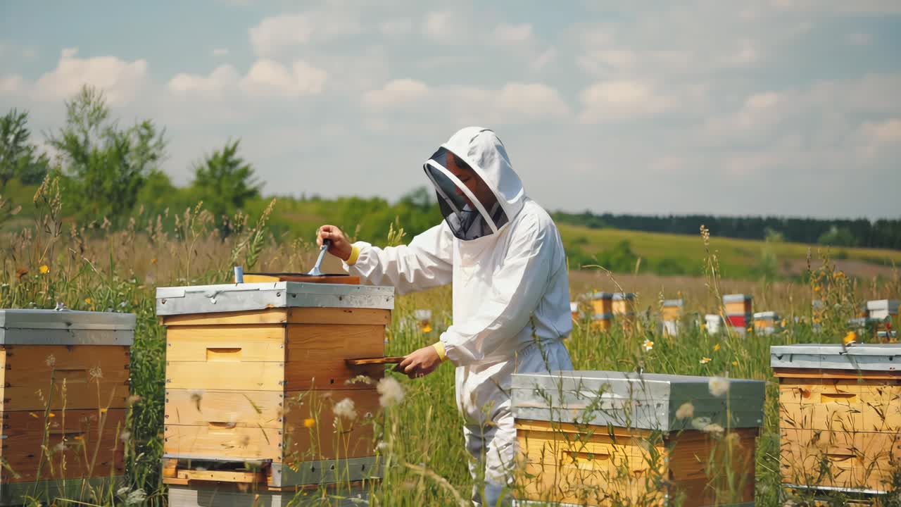 Beekeeper inspecting beehives in a field