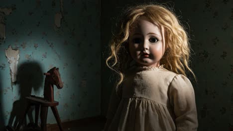 haunting portrait of a vintage doll in a dimly lit room, evoking nostalgia and eerie beauty amidst faded wallpaper and distorted shadows