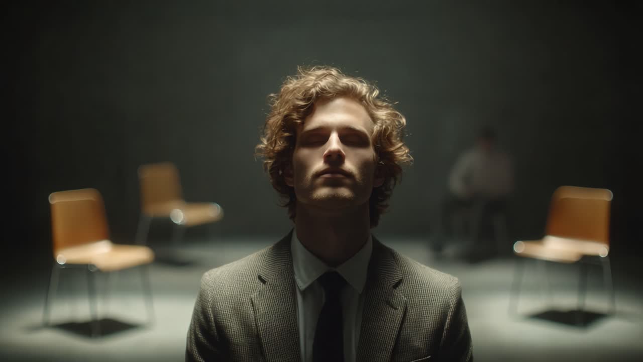 A Dramatic Transformation: A Young Man in a Suit Reflects on a Life-Altering Moment in an Empty Room with Chairs Amidst a Mysterious Ambience