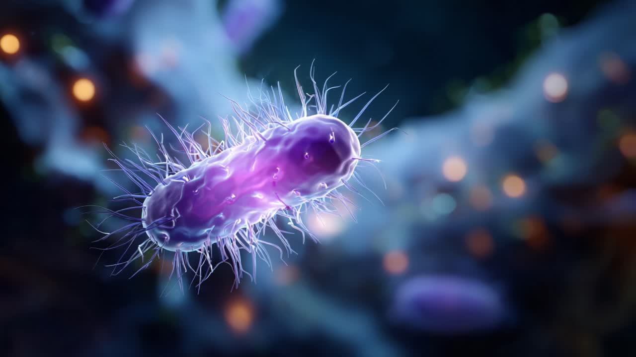 Detailed Microscopic View of a Bacterium with Vibrant Colors and Intricate Structures, Illustrating Cell Characteristics and Features in a Scientific Context