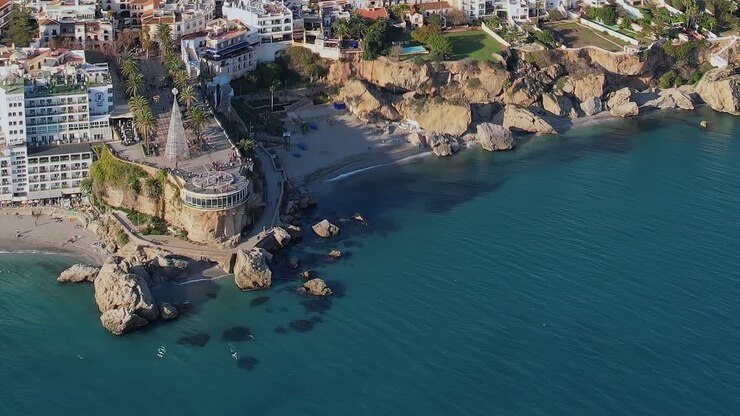 Calahonda beach and cliffs in Nerja aerial