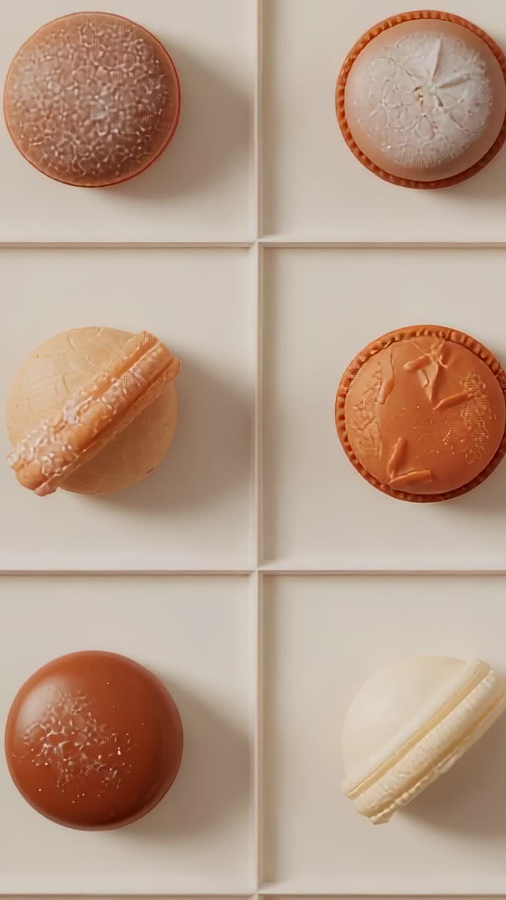 Vertical video: Panning camera six macarons in segmented cream tray revealing powdered tops