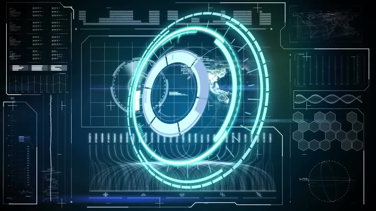 Animation of rotating safe lock over data processing on black background