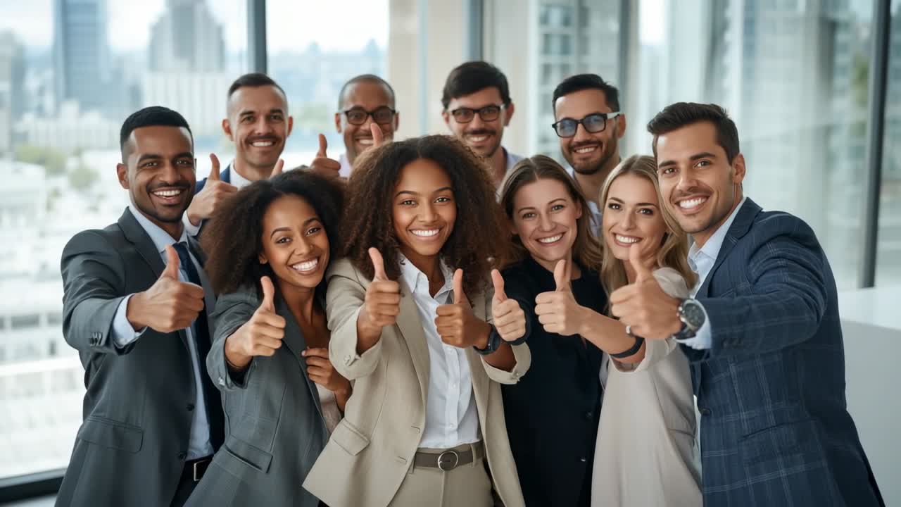 Lining up, nine colleagues in blazers holding thumbs-up in high-rise office showing confidence