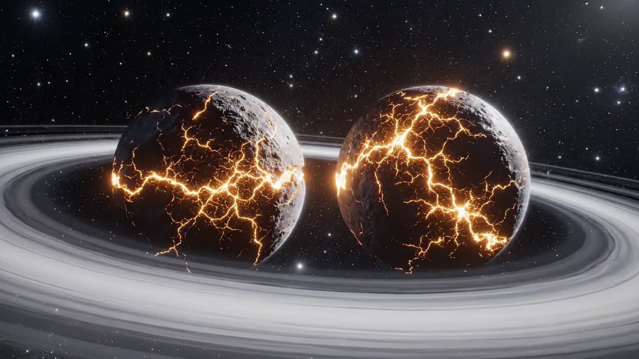 Two planets with lava cracks in space