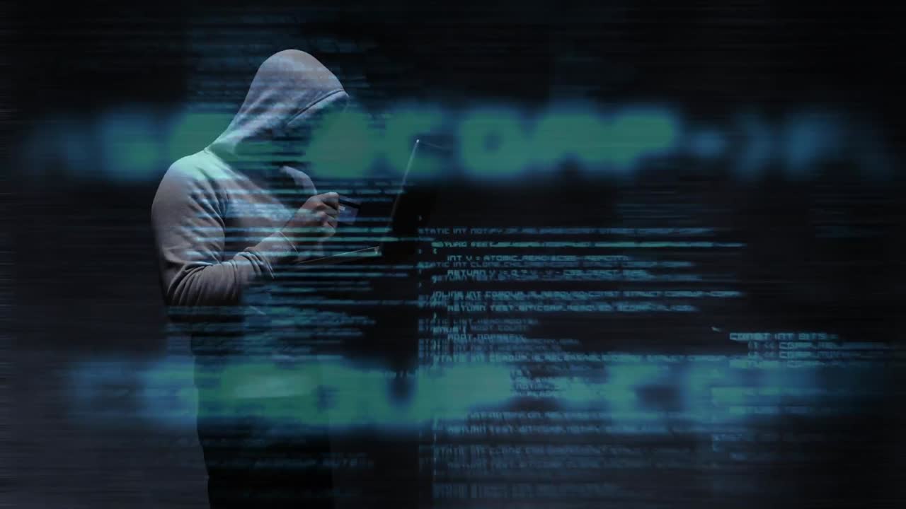 Digital animation of hooded hacker using the laptop 4k