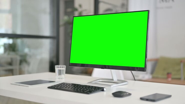 Nahaufnahme eines Desktops mit grünem Chroma Key Bildschirm.
