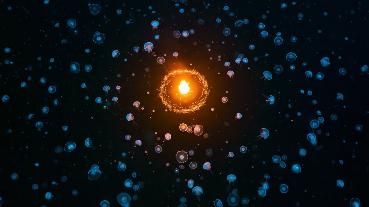 An Enchanting Cosmic Dance: The Mesmerizing Encounter of Radiant Light and Ethereal Jellyfish Floating in an Otherworldly Depth