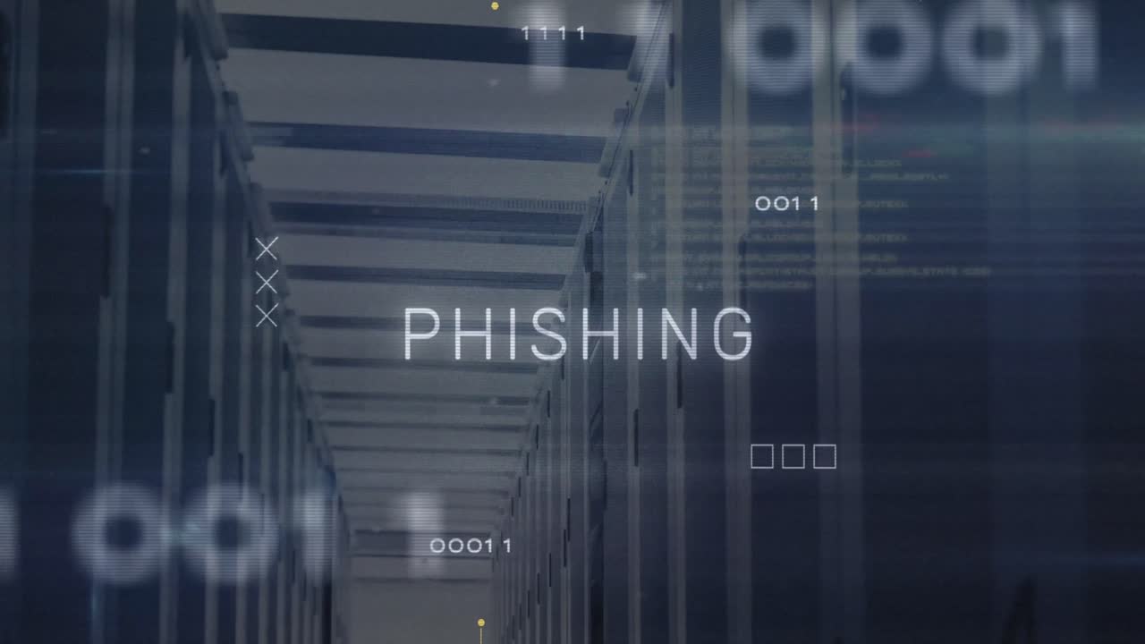 Testo 'Phishing' e connessioni a microprocessore su sala server vuota