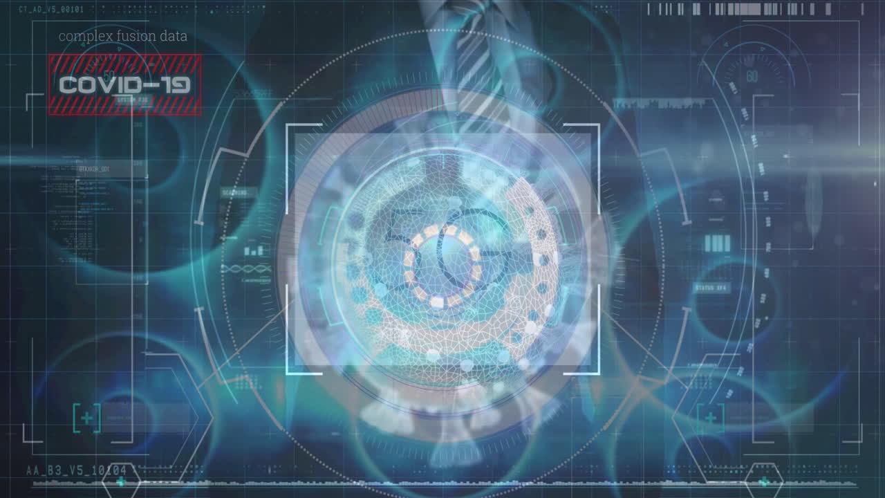 카우카시안 사업가와 데이터 처리의 범위 스캐닝과 바이러스 세포의 애니메이션