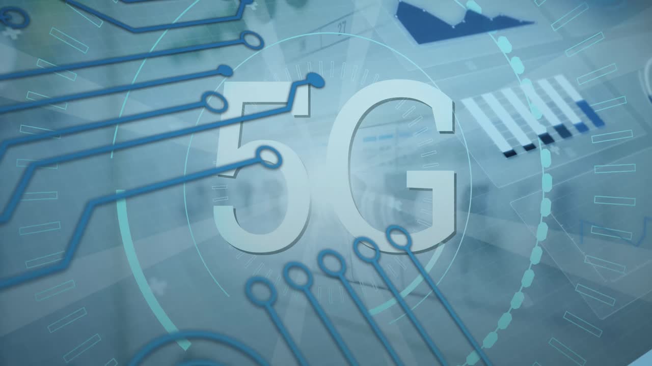 animación de texto 5g y procesamiento de datos sobre fondo gris