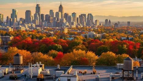 A Vibrant Autumn Sunset Over a Bustling Urban Skyline, Showcasing Trees Adorned with Golden and Red Foliage Against Skyscrapers and Water Towers