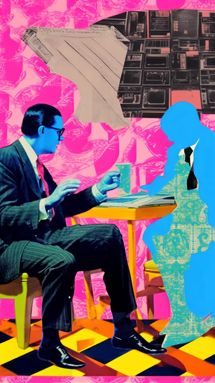 Vibrant pop art collage of two figures at a table, captured from a side angle