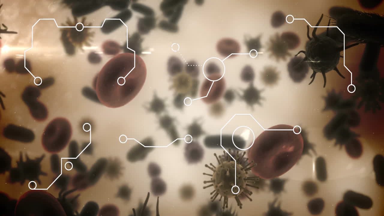 베이지색 배경에서 바이러스 세포에 대한 데이터 처리의 애니메이션