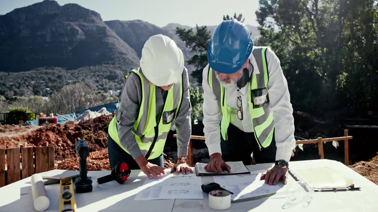 Construction workers reviewing blueprints on site