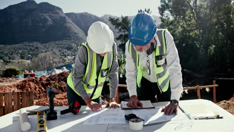 construction workers reviewing blueprints on site