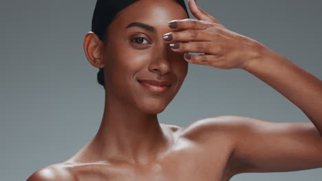 skincare, face touch and beauty of woman in studio