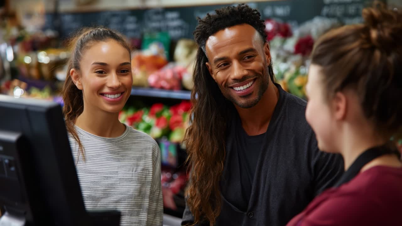 A joyful moment between friends at a grocery store as they engage in a friendly conversation with a cashier, highlighting the warmth and connection during their shopping experience