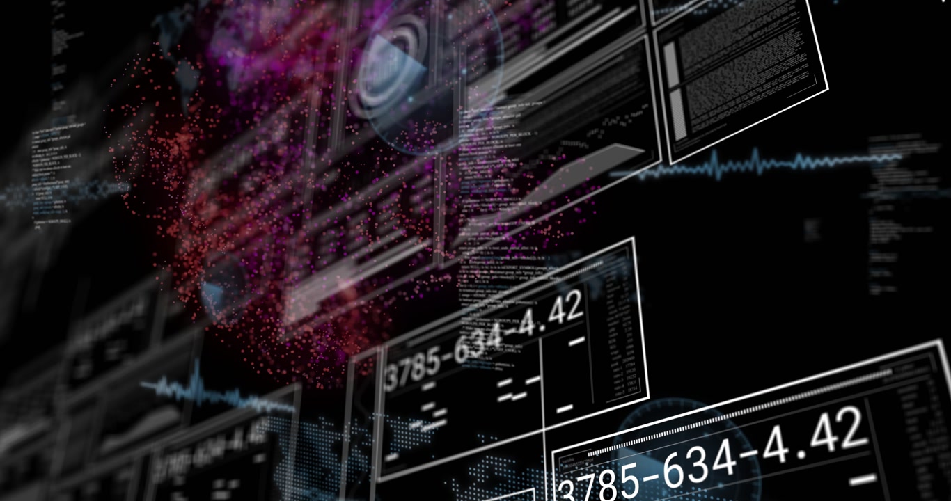 Grid fading initiating dashboard filling panels with codes, graphs popping, particles showing data