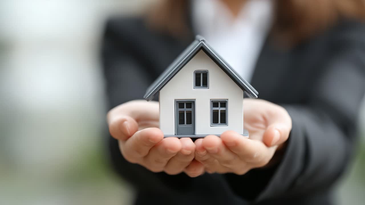 Un profesional presentando una casa a escala en sus manos, simbolizando la propiedad de vivienda, la inversión inmobiliaria y el concepto de un nuevo comienzo