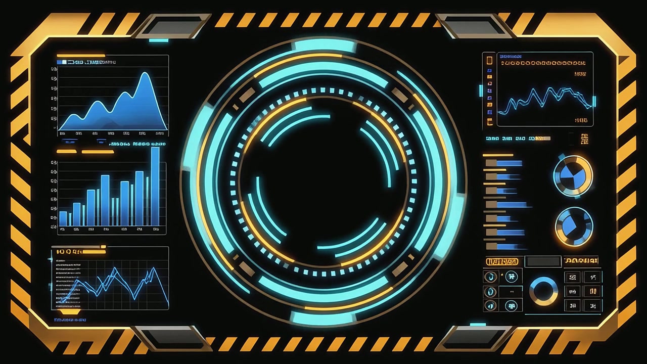 Futuristic HUD Display with Animated Data and Central Scanning Interface