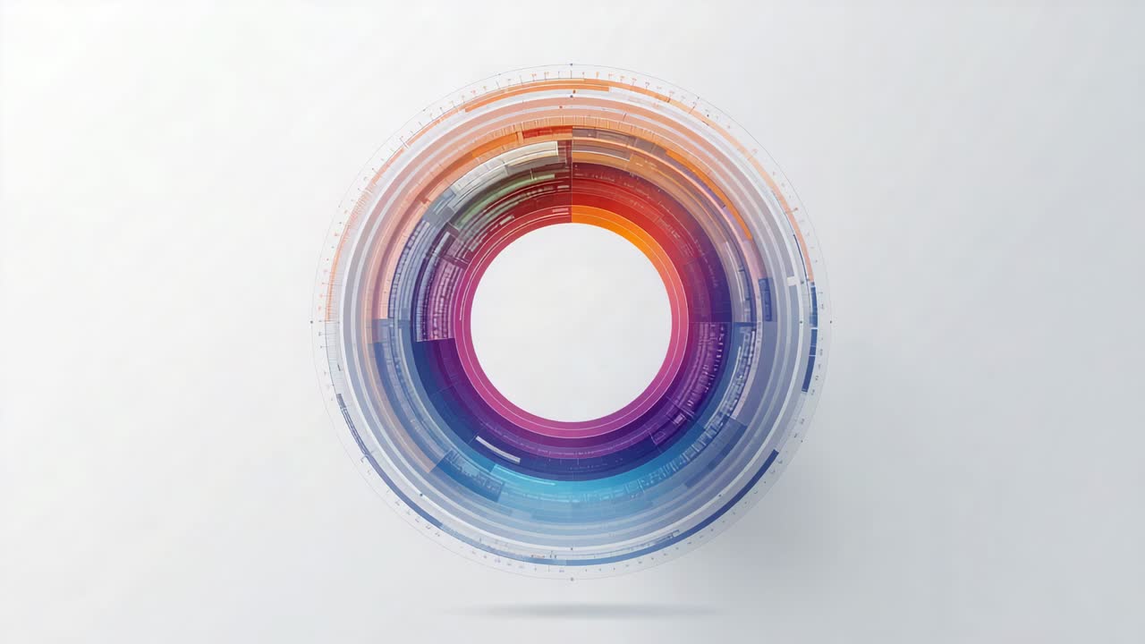 On play, multi-layered segmented ring rotating slowly on white backdrop, particles shifting outward