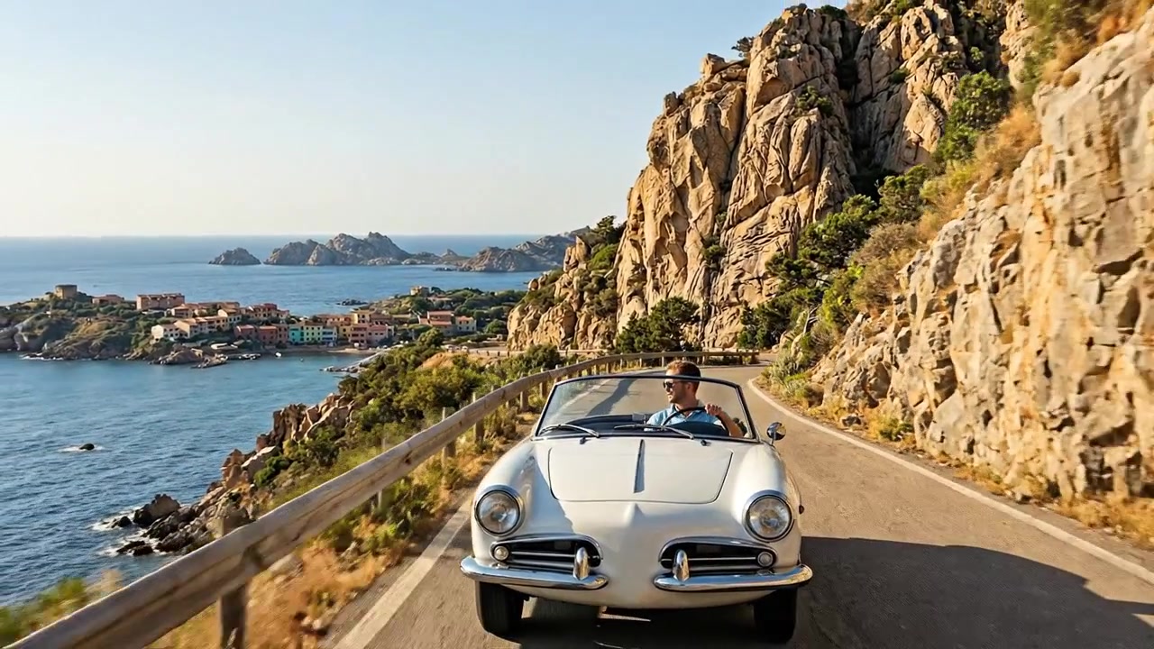 Auto Cabriolet che Percorre una Strada Costiera Panoramica Durante un Viaggio di Vacanza