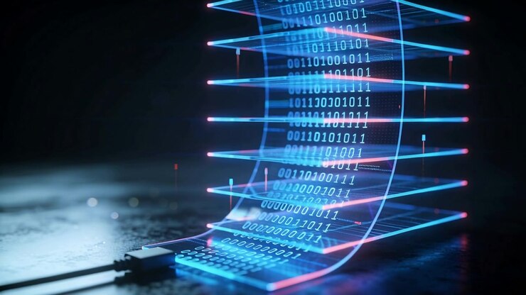 Rising hologram emerging from USB plug on dark table, showing binary, neon slats and red pins