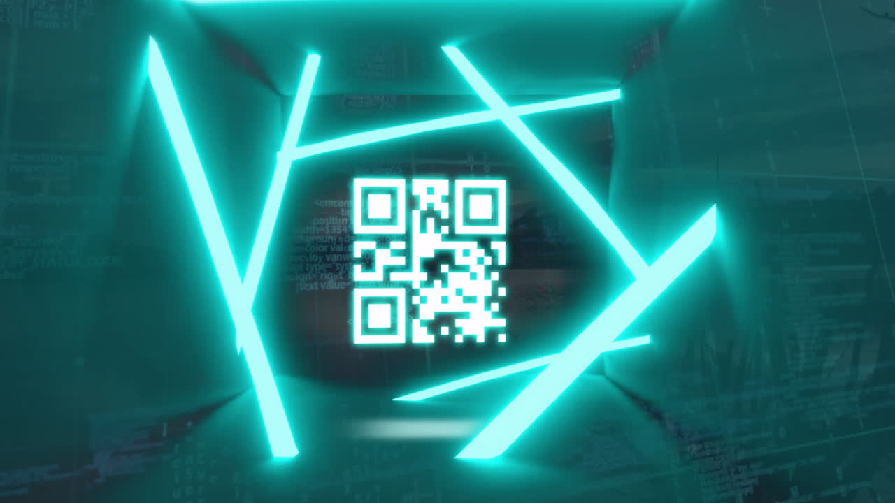 Glowing QR code with intersecting neon blue lines creating animation in dark space