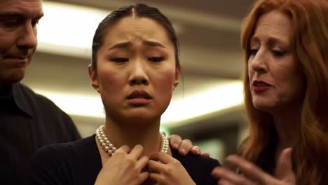 two people are engaged in a heated discussion while confronting a young woman who appears distressed. the setting is an upscale area, likely during an evening social gathering, hinting at conflict.