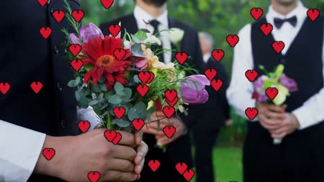 animación de corazones rojos sobre novio caucásico casándose sosteniendo flores