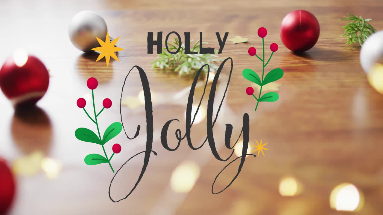 크리스마스 장식 위에 홀리 조리 텍스트의 애니메이션