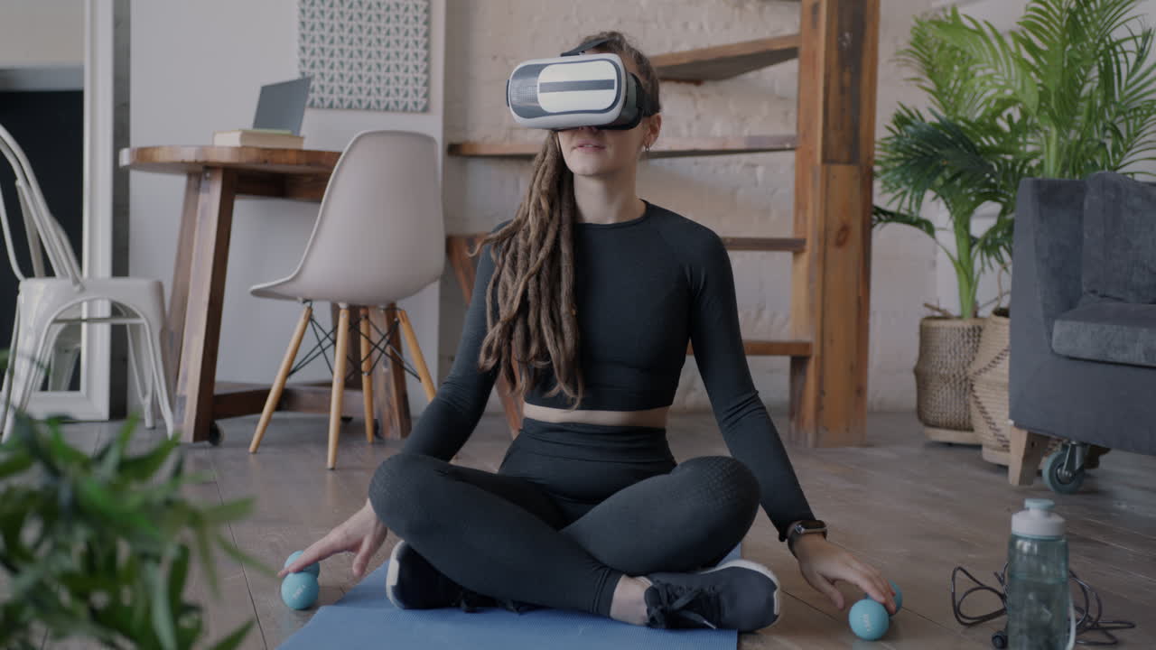Woman Using VR Headset for Virtual Fitness at Home