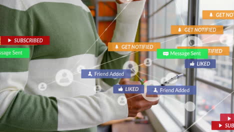 Holding-smartphone,-person-receiving-notifications--animation-and-messages-in-digital-interface