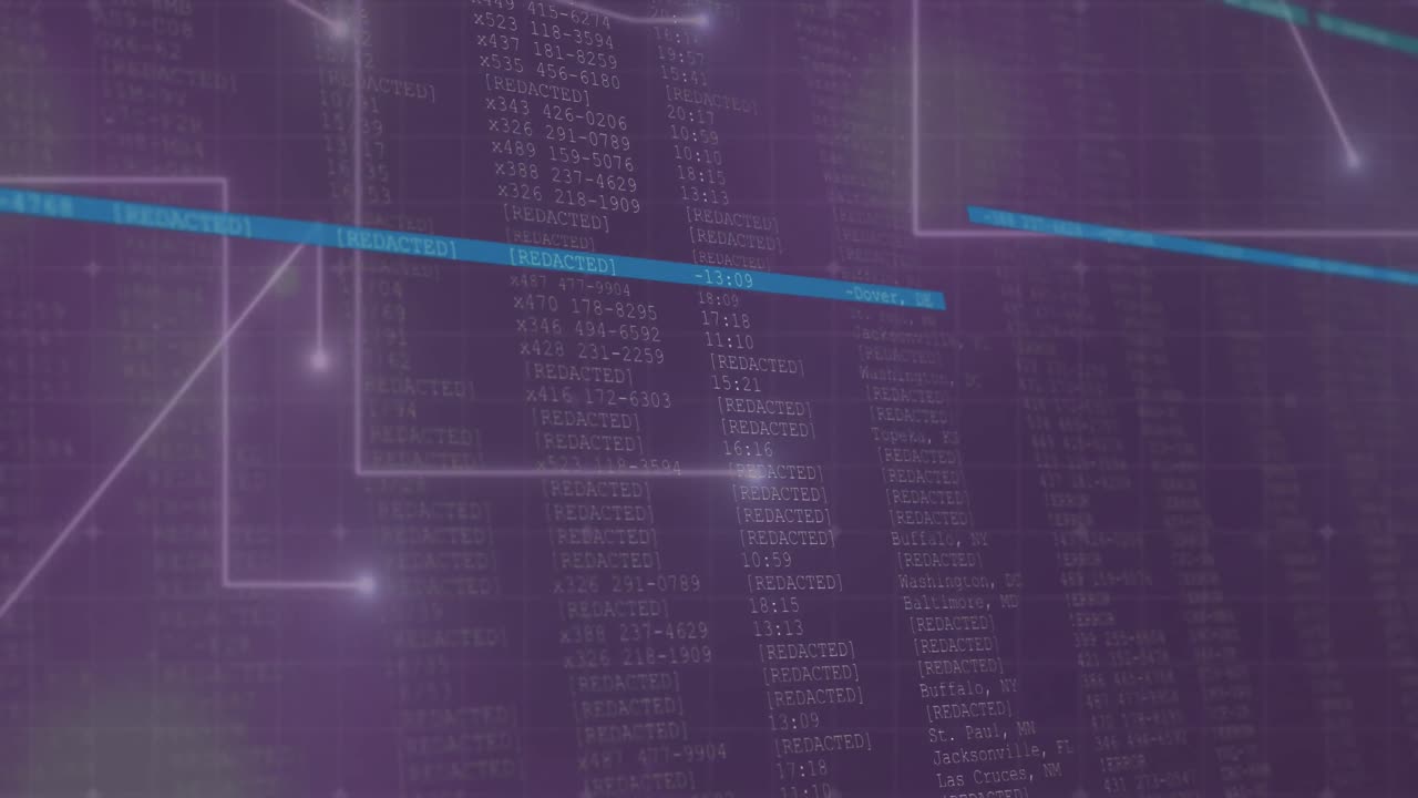 Animation of connecting dots and data processing over grid network against purple background