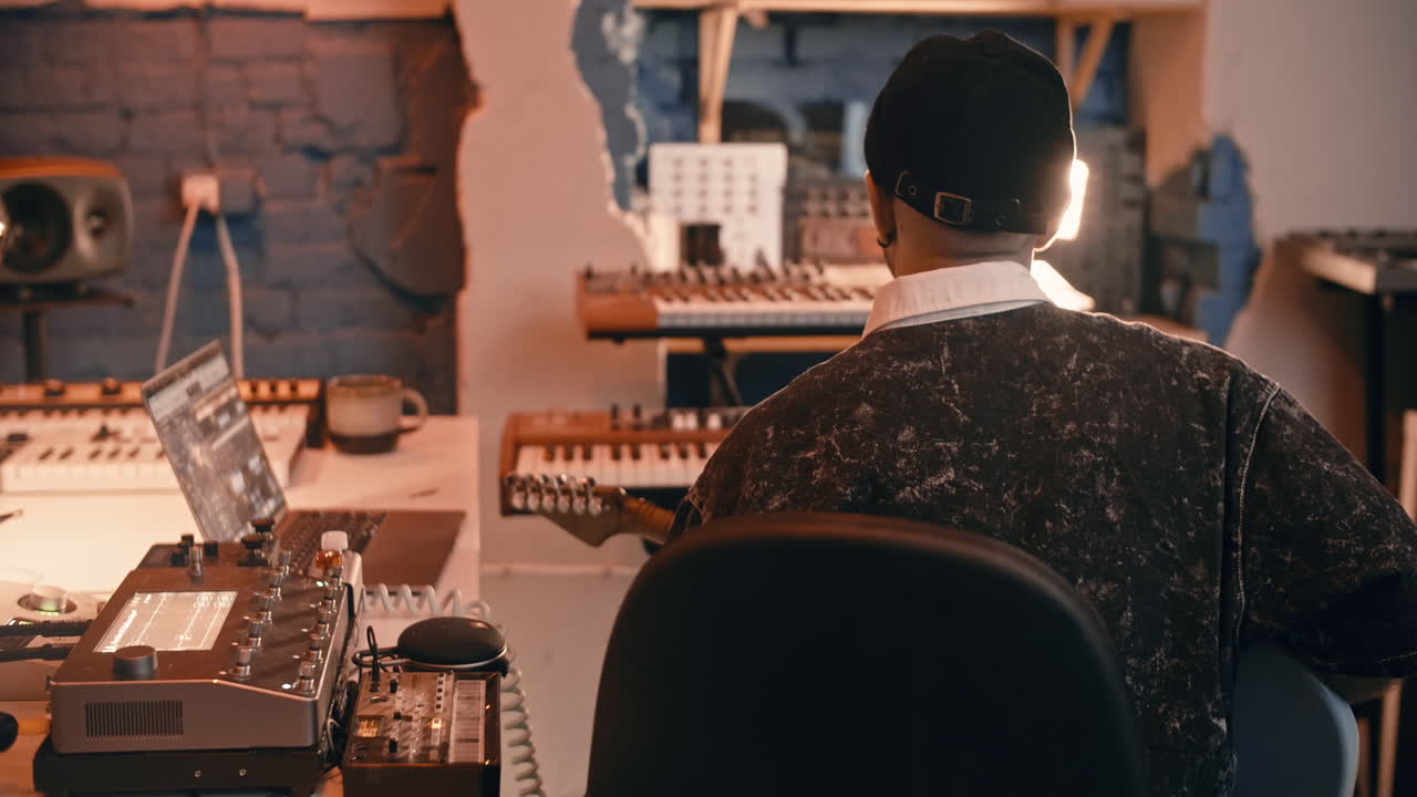 músico tocando la guitarra en un estudio de grabación