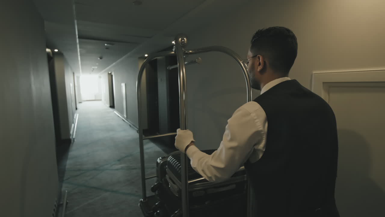 Porter Carrying Luggage Cart along Hotel Corridor