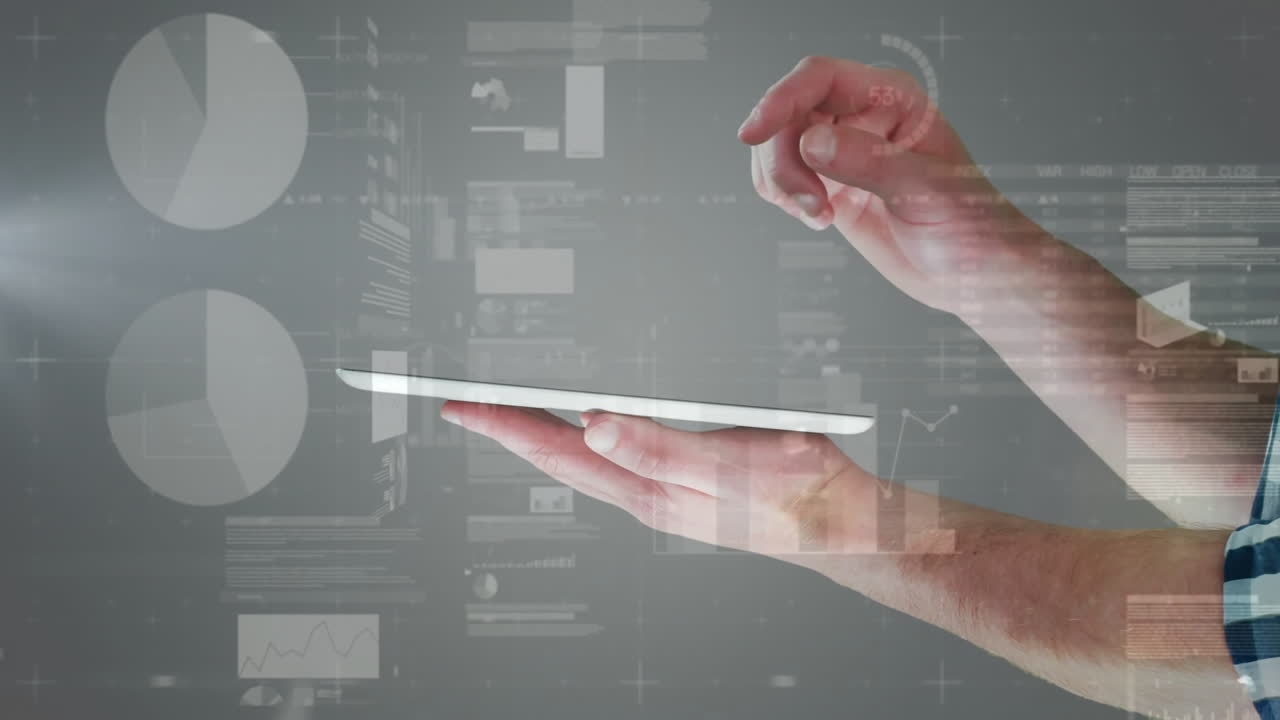Hands holding tablet while showing floating analytics charts in flat design animated illustration